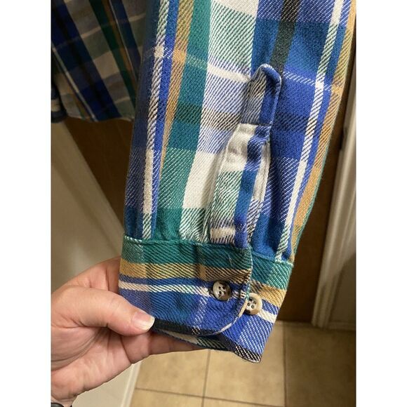 Vintage Five Brothers Thick Flannel Button Up Shirt XL Shacket Blue Green Yellow - Picture 4 of 12